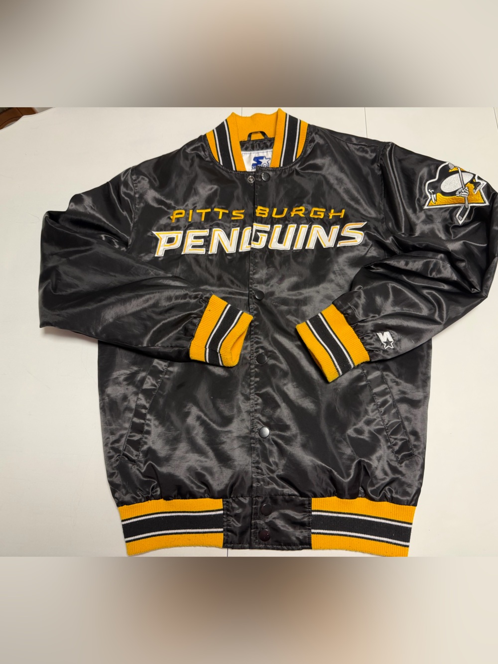 STARTER Pittsburgh Penguins Black and Gold Satin Bomber Jacket